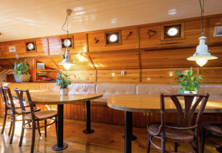 Licht en gezellig interieur van een woonboot in Leiden met houten wanden, ronde ramen en planten.