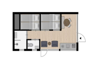 Plantegning af Beach Houses Zandvoort 3 i Holland med opholdsstue, soveværelser og badeværelse.