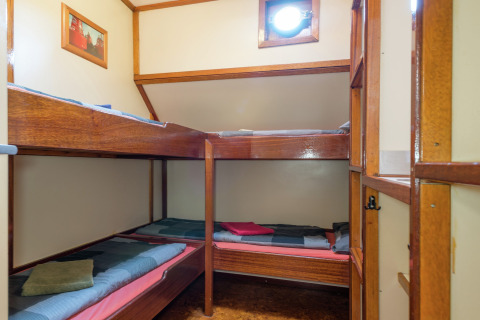 Lichte kajuitkamer met vier houten stapelbedden op een woonboot in Leiden, Nederland.
