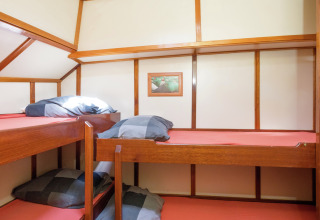Zimmer mit zwei Etagenbetten und roter Bettwäsche auf einem Hausboot in Leiden nahe Zentrum & Museen.