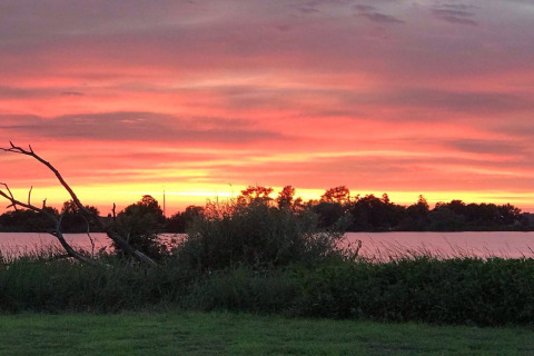Solnedgang udsigt fra Watervilla de Blauwe Reiger husbåd i Holland med klare himmel farver.