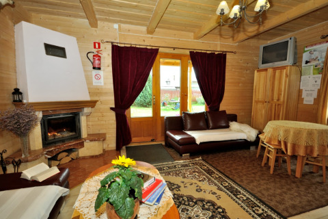 Gezellige woonkamer in chalet 'A fabulous house in the mountains' met open haard in Tsjechië.