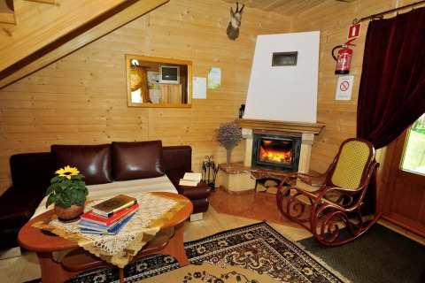 Knusse woonkamer van een chalet in Tsjechië met haard, sofa, schommelstoel en houten wanden.