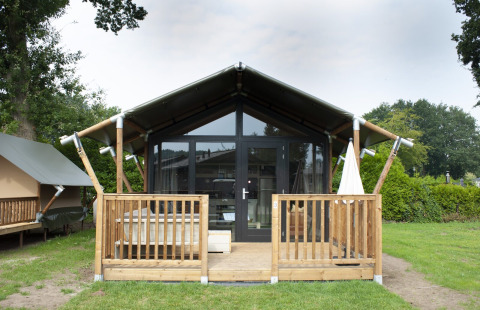 Tiny Safari House, ein Safarizelt mit Holzterrasse, im Ferienpark De Boshoek in den Niederlanden im Sommer.