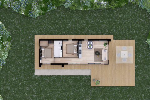 Vista aérea del plano de la Villa Maritiem con dos habitaciones, baño, sala de estar y terraza de madera.