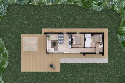 Bovenaanzicht van het vloerplan van Villa Maritiem lodge bij MarinaPark Bad Nederrijn in Nederland met terras.