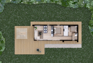 Bovenaanzicht van het vloerplan van Villa Maritiem lodge bij MarinaPark Bad Nederrijn in Nederland met terras.