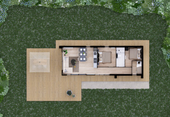 Bovenaanzicht van het vloerplan van Villa Maritiem lodge bij MarinaPark Bad Nederrijn in Nederland met terras.