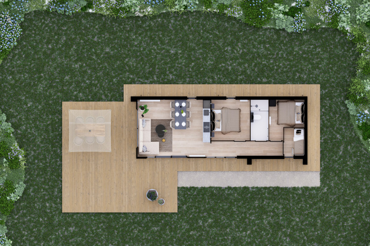 Vista superior del plano del lodge Villa Maritiem en MarinaPark Bad Nederrijn, Países Bajos, con terraza.