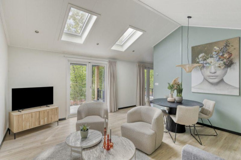 Lyst og moderne opholdsområde i Heuvelrug Cottage med ovenlysvinduer og kunstværk i De Thijmse Berg, Holland.