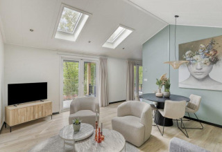 Bright, modern living area in Heuvelrug Cottage with skylights and art at De Thijmse Berg, Netherlands.