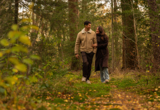 Ein Paar spaziert Arm in Arm durch einen Wald bei Unbrick One | Sauna and Pool, herbstliche Stimmung.