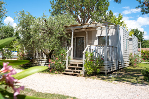 Foto van de Next XL Superiore lodge met houten veranda, groene planten en een heldere blauwe lucht.