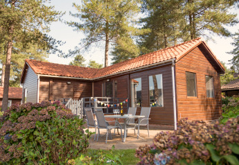 Foto de una Luxe Lodge de madera con terraza, muebles de exterior y rodeada de árboles y flores en verano.