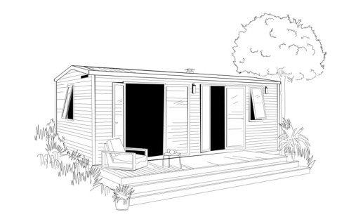Disegno della O'Hara Lodge ad Arden Parks Tulderheyde in Belgio, con terrazza, poltrona e piante.