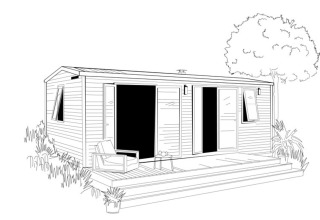 Disegno della O'Hara Lodge ad Arden Parks Tulderheyde in Belgio, con terrazza, poltrona e piante.