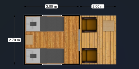 Plattegrond van de Bivouac Comfort safaritent met maten en meubilair op Camping Le Val de Cesse, Frankrijk.