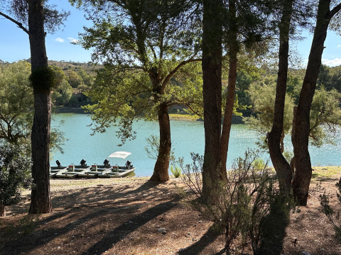 Uitzicht door bomen op heldere meer met boten aan de oever bij TAIGA Lake Caspe vakantiepark, Aragón.