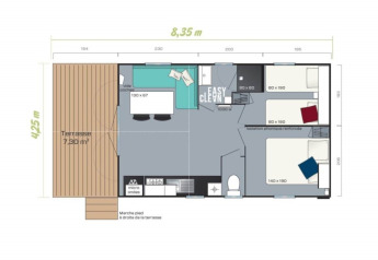 Planimetria dei Beach Lodges ad Arden Parks Tulderheyde con camere da letto, terrazza e cucina.