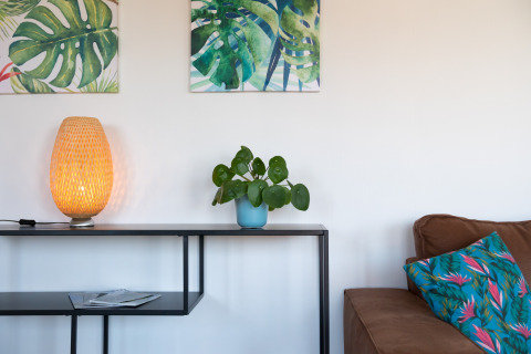 Soggiorno presso Luxe Lodges ad Arden Parks Tulderheyde, Belgio, con decoro tropicale, arte e lampada calda.