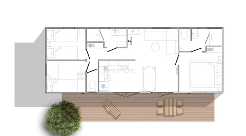 Plano de O'Hara Lodge Comfort en Arden Parks Tulderheyde, Bélgica, con terraza y mobiliario visible.