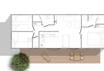 Planimetria di O'Hara Lodge Comfort ad Arden Parks Tulderheyde in Belgio con terrazza e arredi visibili.