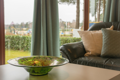 Woonruimte van Sun Lodge in Arden Parks Tulderheyde, België, met groene schaal en uitzicht op de tuin.