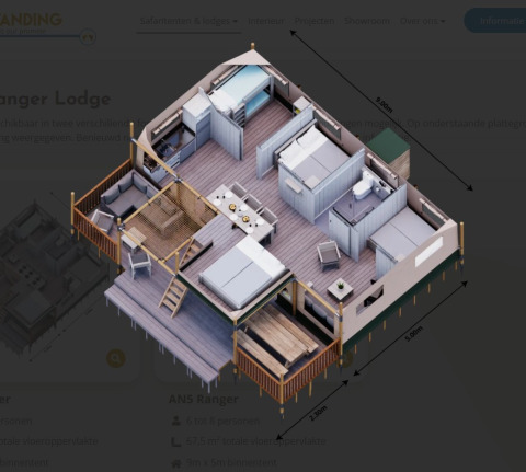 3D plantegning af Ranger Lodge, Arden Parks Tulderheyde, Belgien, viser boligindretning og mål.