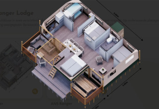 3D plantegning af Ranger Lodge, Arden Parks Tulderheyde, Belgien, viser boligindretning og mål.