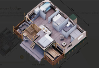 3D plantegning af Ranger Lodge, Arden Parks Tulderheyde, Belgien, viser boligindretning og mål.
