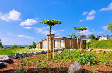 Chalet Enzian features modern wood exteriors, young trees, rocks, and gardens under a bright blue sky.