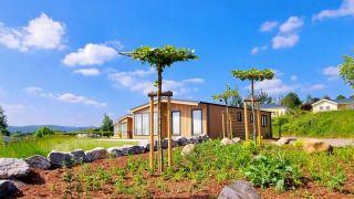 Chalet Enzian features modern wood exteriors, young trees, rocks, and gardens under a bright blue sky.