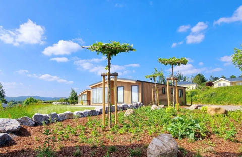 Chalet Enzian features modern wood exteriors, young trees, rocks, and gardens under a bright blue sky.