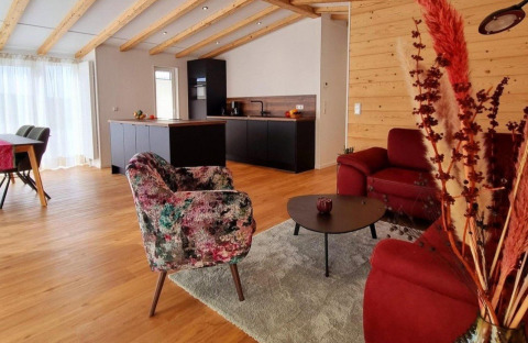 Sala con vigas de madera, cocina moderna y sillón colorido en Chalet Enzian, Camping & Ferienpark Brilon, Alemania.