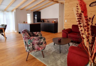 Gezellige woonkamer met houten balken, moderne keuken en kleurrijke stoelen in Chalet Enzian, Brilon.