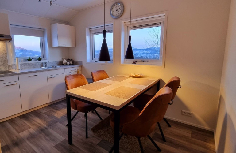 Comedor moderno en la casa móvil Chalet Limonet, Camping & Ferienpark Brilon, con sillas marrones y cocina.