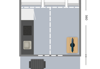 Plano de una tienda safari tipo túnel con tres camas, cocina, comedor y baño privado en Kampeerdorp de Zandstuve.