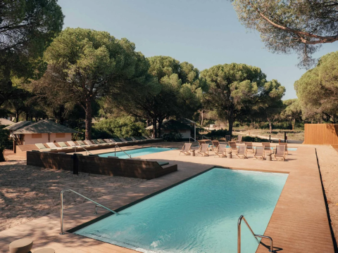 Zona de piscina en Wecamp Cádiz, parque vacacional en Andalucía rodeada de hamacas y árboles de pino.