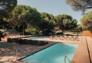 Zwembadzone in Wecamp Cádiz vakantiepark in Andalusië, omgeven door ligstoelen en dennenbomen.