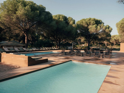 Udendørs poolområde på Wecamp Cádiz feriepark i Andalusien, Spanien, omgivet af træer og solsenge.