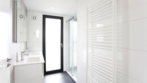Modern badkamer in het L-Cube lodge aan de Zuiderzee in Nederland met glazen douche en grote deur.