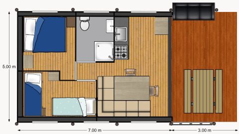 Plattegrond van een Avonturenlodge safaritent in Kampeerdorp de Zandstuve met meubels en afmetingen.