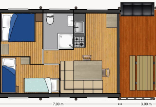 Planimetria di una tenda safari Avonturenlodge a Kampeerdorp de Zandstuve, Paesi Bassi, con arredi e misure.