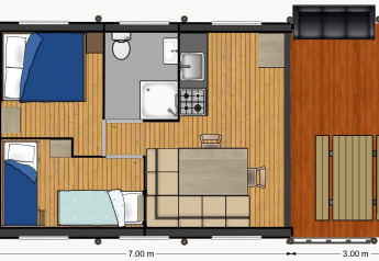 Plano de planta de una tienda tipo safari Avonturenlodge en Kampeerdorp de Zandstuve, Países Bajos, con mobiliario.