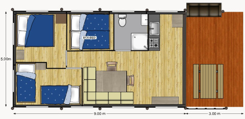Plano del Avonturenlodge DeLuxe, una tienda safari en Kampeerdorp de Zandstuve con habitaciones y terraza amplia.