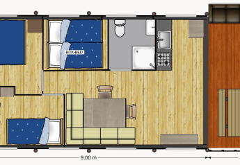 Floor plan of Avonturenlodge DeLuxe safari tent at Kampeerdorp de Zandstuve with bedrooms, bath, and terrace.