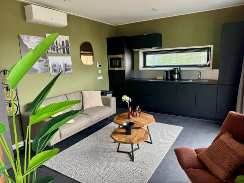 Moderne Lodge Modus Wellness 2 am Zuiderzee in den Niederlanden, Wohnzimmer mit Küche und Pflanzen.