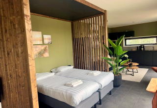 Moderne lodge Modus Wellness 2 ved Zuiderzee i Holland med to enkeltsenge, køkken og grønne planter.