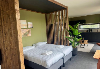 Moderne lodge Modus Wellness 2 in Zuiderzee, Nederland met twee aparte bedden, keuken en kamerplanten.
