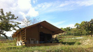 Tienda de safari con instalaciones sanitarias en un campo verde, rodeada de árboles y cielo azul.